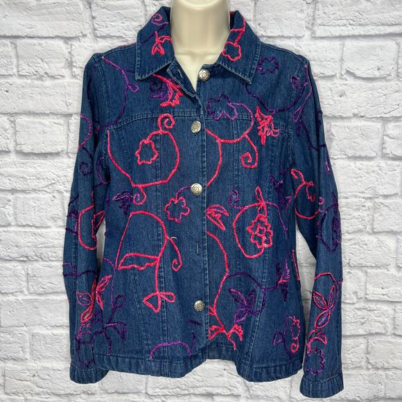 Vintage Choices Denim Jean Jacket Size M Pink Floral Embroidered Textured - Picture 1 of 7
